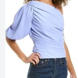 Amanda Uprichard One-Shoulder Light Blue Blouse Medium Goddess Rouched Top
